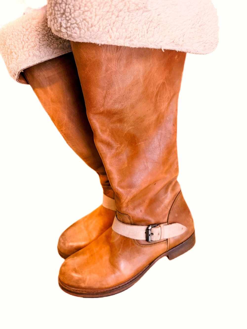 vintage foundry company women's tall fold over, distressed, brown leather boots